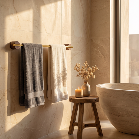 Aria Towel Holder styled in a sunlit villa interior