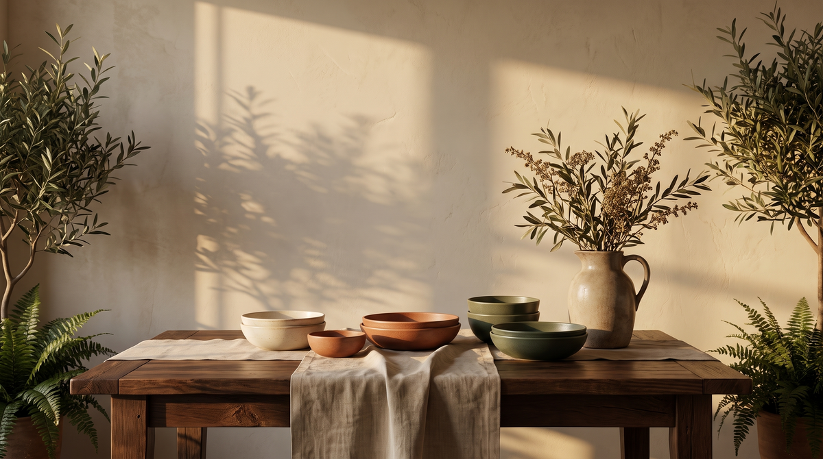Dining nook at golden hour with wood table and stoneware