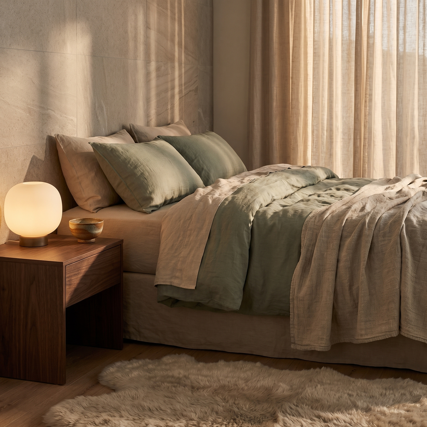 Calm bedroom corner with linen bedding and globe lamp