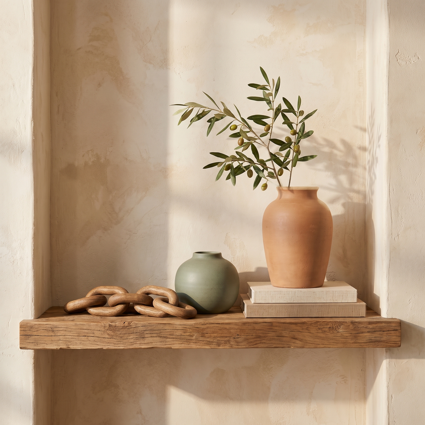 Styled wooden shelf with handmade ceramic vases and wooden chain