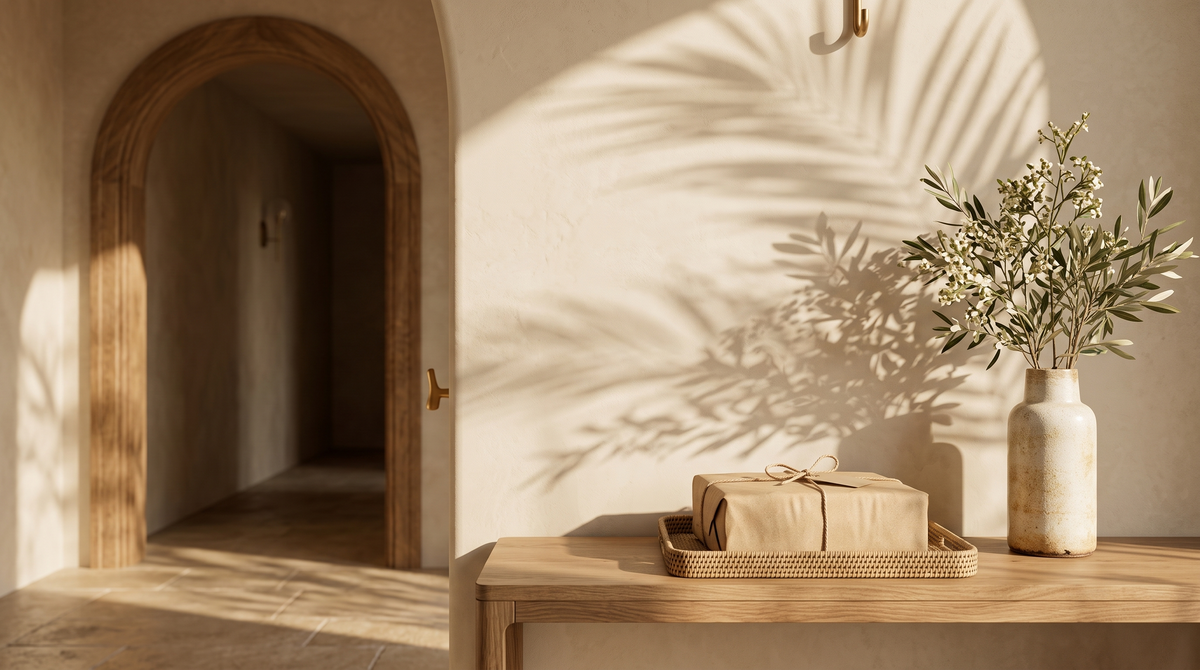Wrapped parcel on an oak console in a sunlit entryway