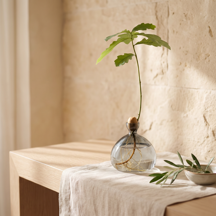 Rain Drop Acorn Vase styled in a sunlit villa interior
