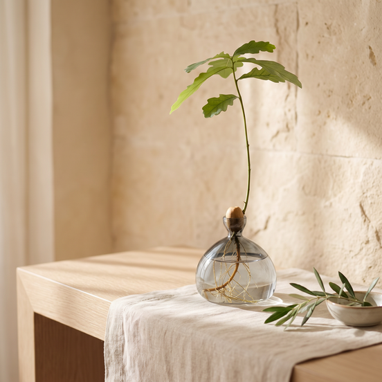 Rain Drop Acorn Vase styled in a sunlit villa interior