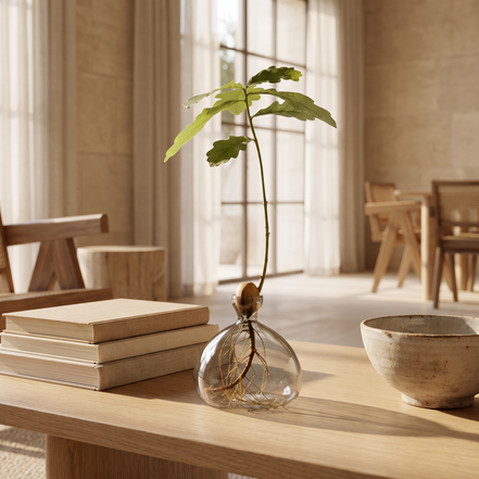 Rain Drop Acorn Vase styled in a sunlit villa interior