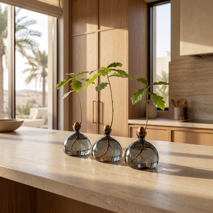 Rain Drop Acorn Vase styled in a sunlit villa interior